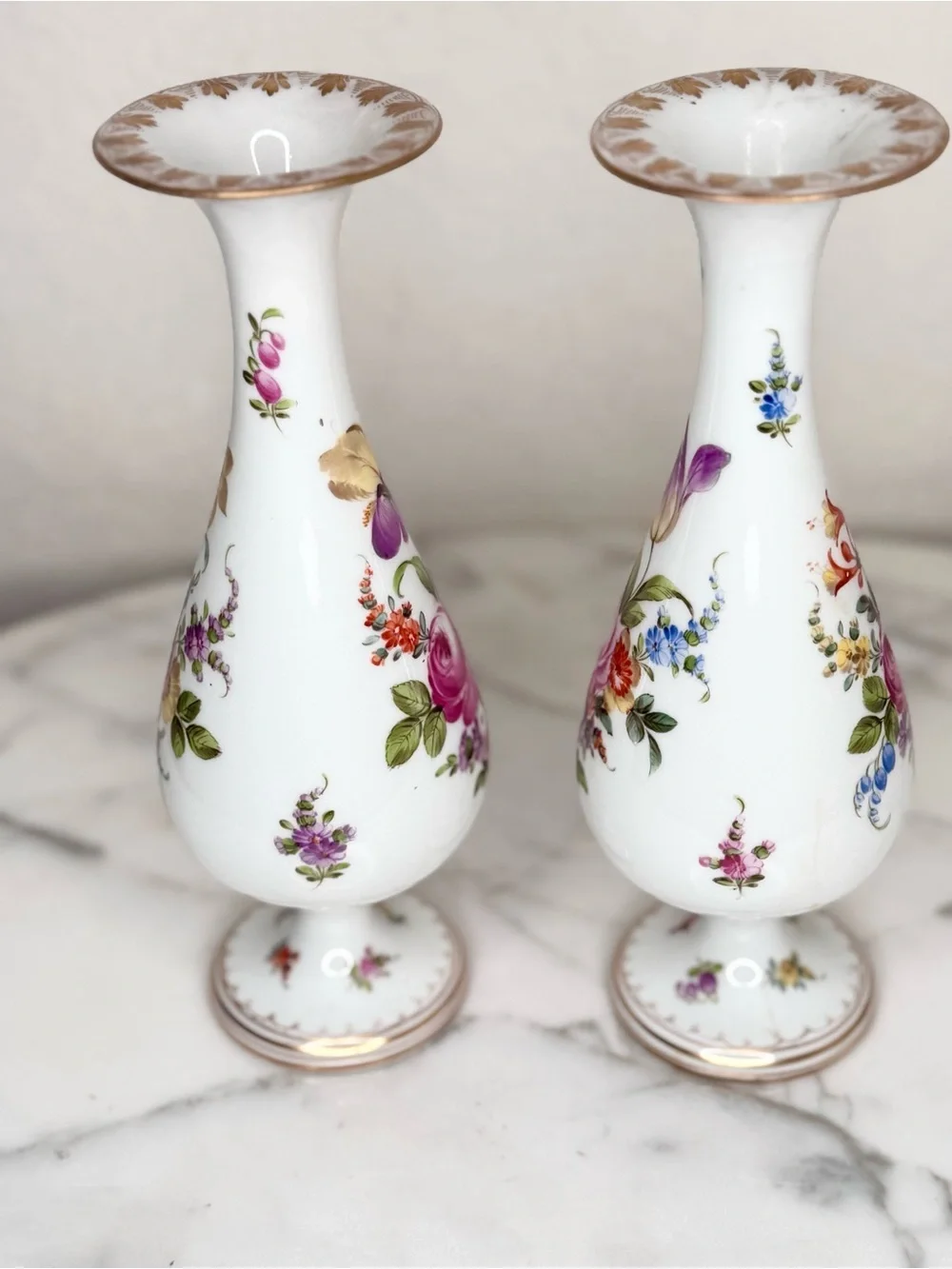 Germany antique Hand Painted Dresden trumpet style. vase pair or candle holders